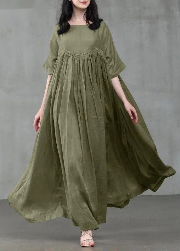 women's petite dressesLoose Green Patchwork Wrinkled Linen Maxi Dress Short Sleeve