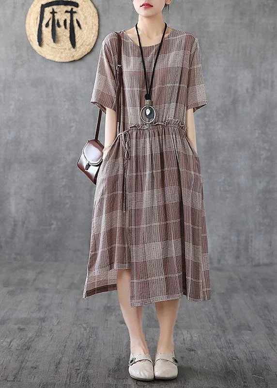 women's retro dressesLoose light purple plaid cotton Robes o neck asymmetric Maxi Dress