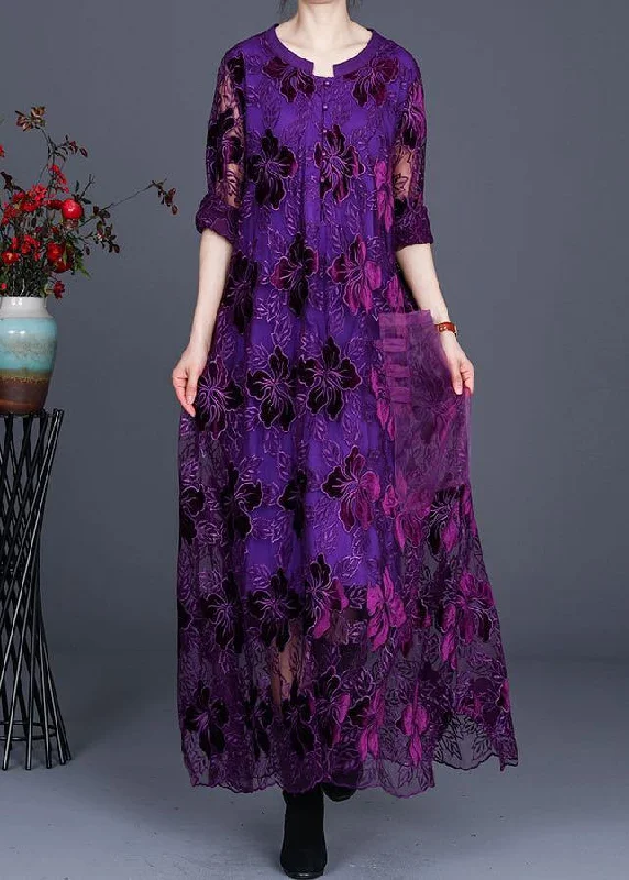 women's breathable dressesChic Purple Lace Maxi Dress Caftans Loose Dresses