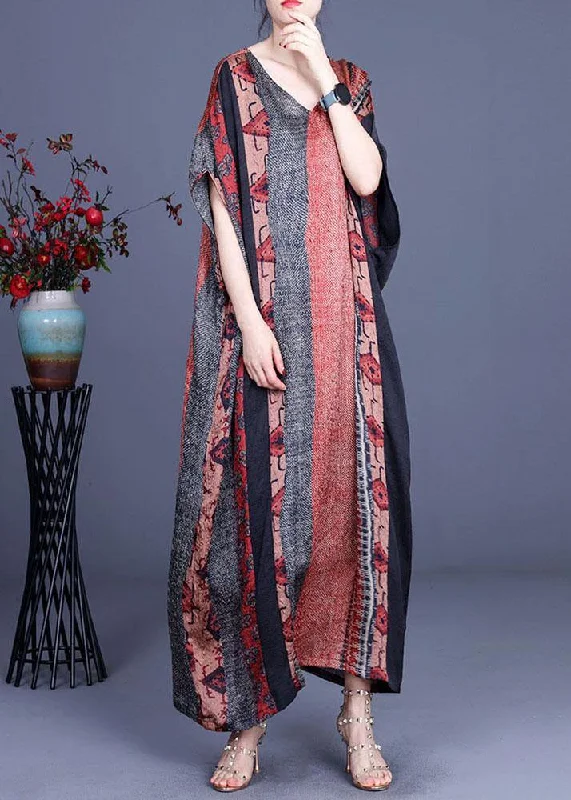 women's business casual dressesUnique Orange Print Patchwork Summer Silk Maxi Dresses Batwing Sleeve