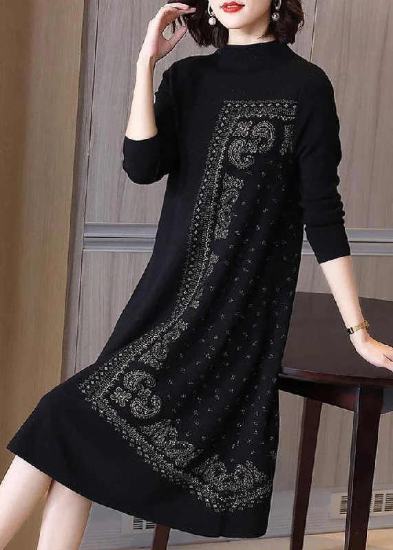 women's beach dressesFrench Black High Neck Jacquard Wool Maxi Dresses Spring