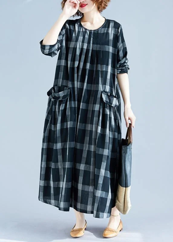 women's silk dressesDIY O Neck Pockets Spring Tunics Gray Plaid Maxi Dress