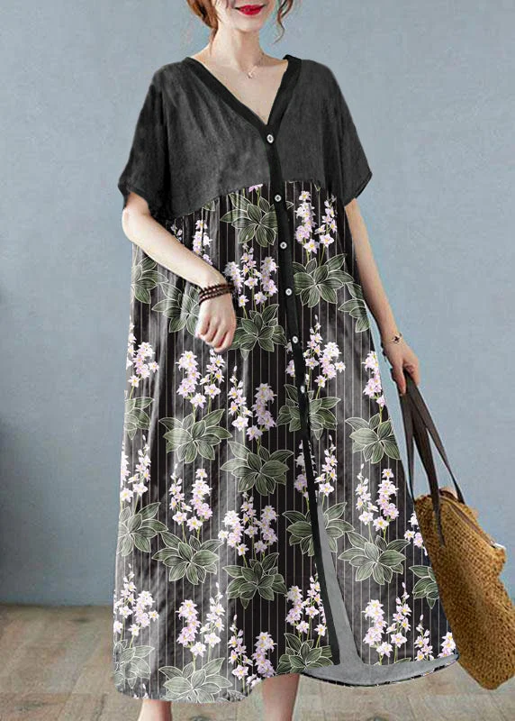 women's ruffle dressesPlus Size Black flower Retro Button Summer Print Half Sleeve Maxi Dress