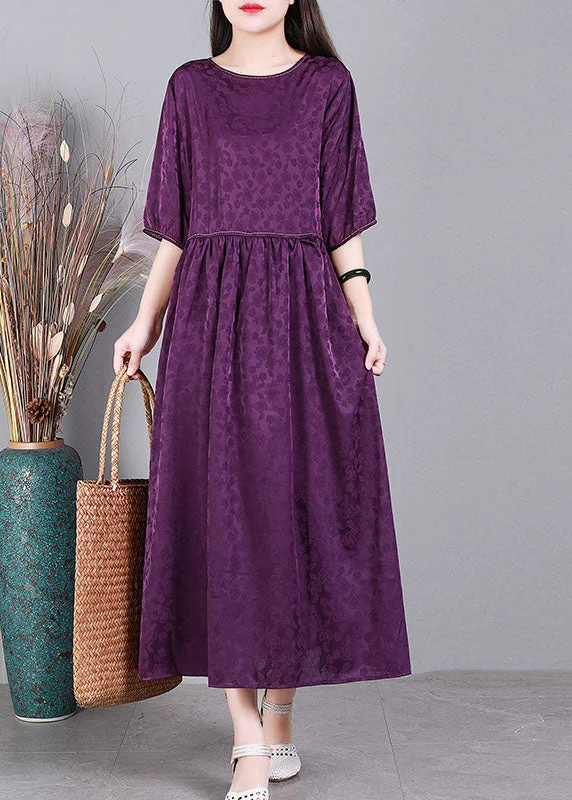 women's floral dressesSimple Purple O-Neck Patchwork Wrinkled Jacquard Silk Maxi Dress Short Sleeve