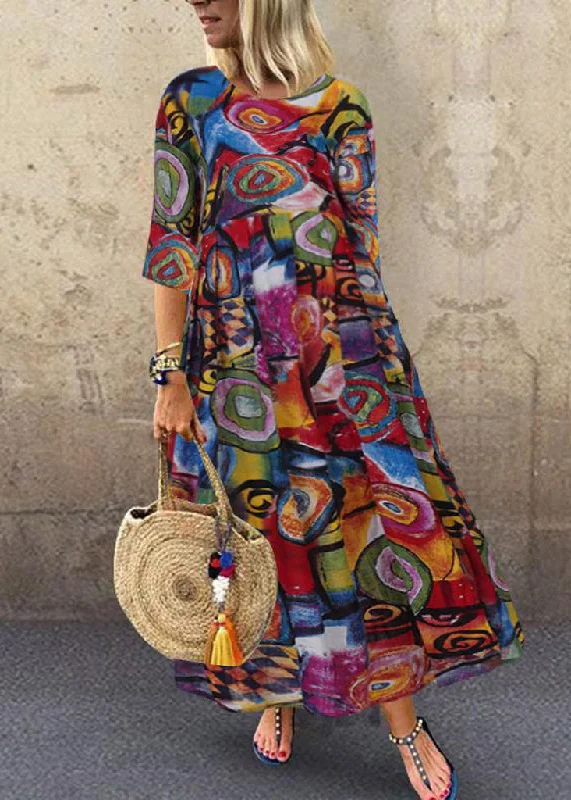 women's sustainable dressesWomen Retro Graffiti Print Round Neck Pleated Casual Maxi Dresses