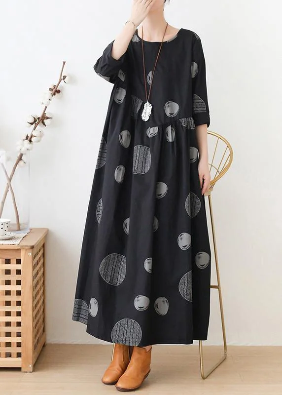 women's metallic dressesFrench o neck Cinched dresses Neckline black dotted Maxi Dress