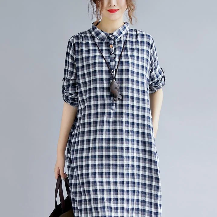 women's chiffon dressesstylish blue Plaid cotton dresses plus size clothing Turn-down Collar traveling dress fine long sleeve side open maxi dresses