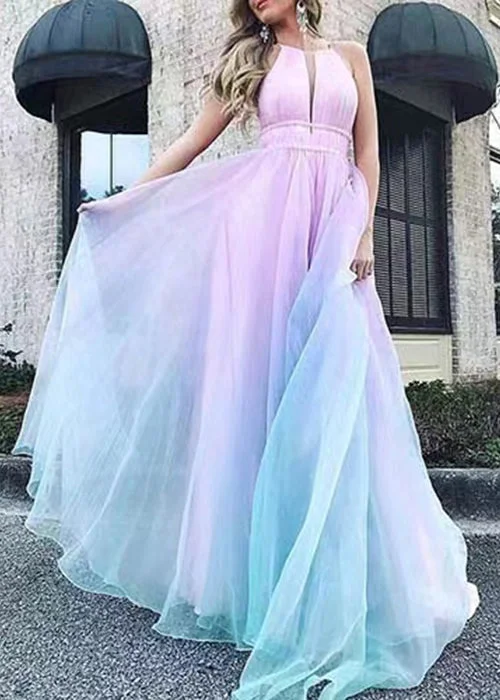 women's ball gown dressesSexy Gradient Color V Neck High Waist Tulle Maxi Dresses Sleeveless