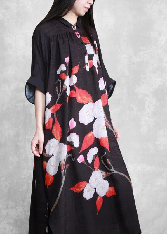 women's cotton dressesOrganic Black Oversize Floral Summer Maxi Dresses