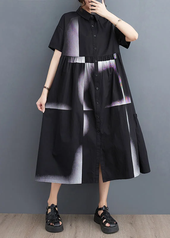 women's denim dressesFashion Black Print Patchwork Drawstring Button Maxi Dress Summer