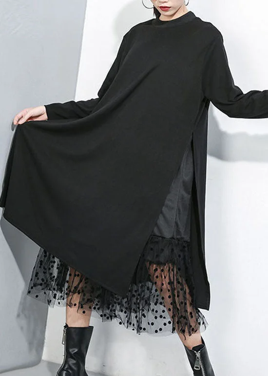 women's empire-line dressesWomen Black Asymmetrical Tulle Patchwork Cotton Maxi Dresses Spring