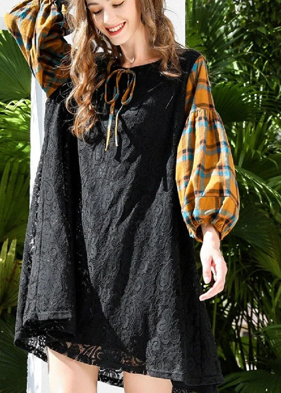 women's fashionable dressesStylish Black Patchwork Lantern Sleeve Lace Maxi Dress Summer