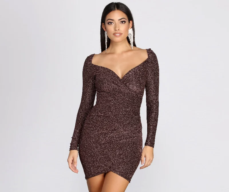 women's work dressesLong Sleeve Glitter Knit Mini Dress