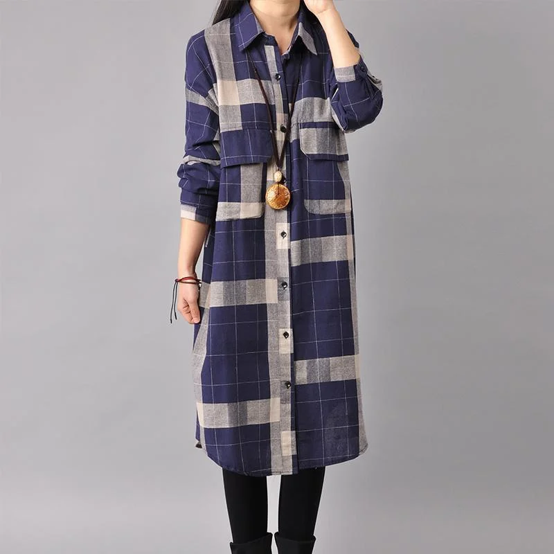 women's ruffle dressesElegant blue cotton dresses trendy plus size cotton maxi dress 2018 lapel collar plaid cotton dress