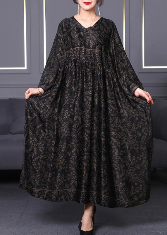 women's flutter-sleeved dressesCasual Black O-Neck Print Silk Maxi Dress Long Sleeve