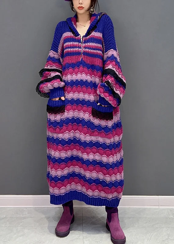 women's cold-shoulder dressesLoose Purple Zippered Striped Hooded Knit Maxi Sweater Dress Winter