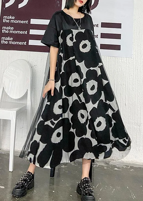 women's bespoke dressesChic black print quilting clothes o neck patchwork Maxi Dress