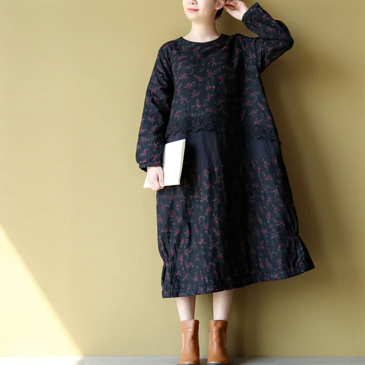 women's body-skimming dresses2024 winter warm embroidery floral cotton dresses oversize print patchwork linen thick maxi dress