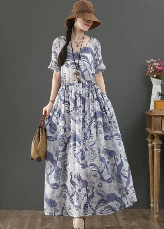 women's prom dressesWomen Blue Tie Waist V Neck Print Linen Maxi Dress Short Sleeve