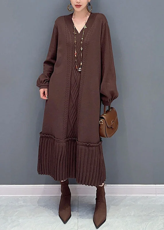 women's plus-size dressesNatural Brown V Neck Patchwork Knit Maxi Sweater Dress Fall