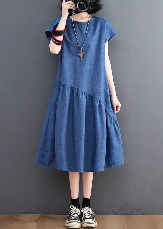 women's stylish dressesElegant Blue O-Neck Patchwork Silk Denim Maxi Dress Summer