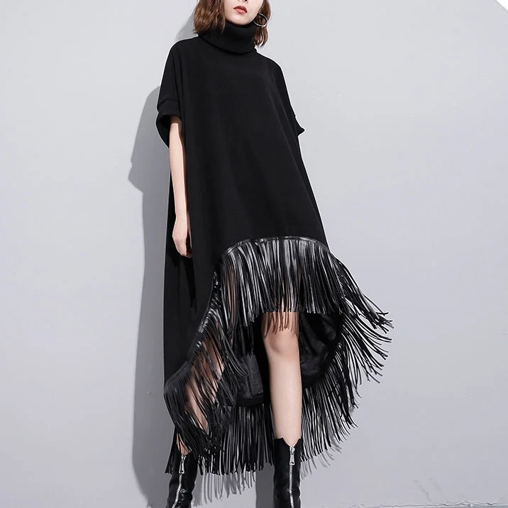 women's minimalist dresseswomen black wool polyester dresses plus size low high design clothing dress Fine tassel maxi dresses