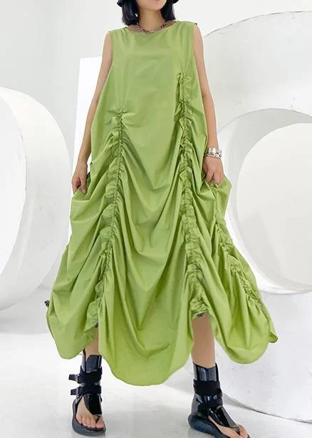 women's high-end dressesLoose green Cinched cotton dresses o neck sleeveless Maxi Dresses