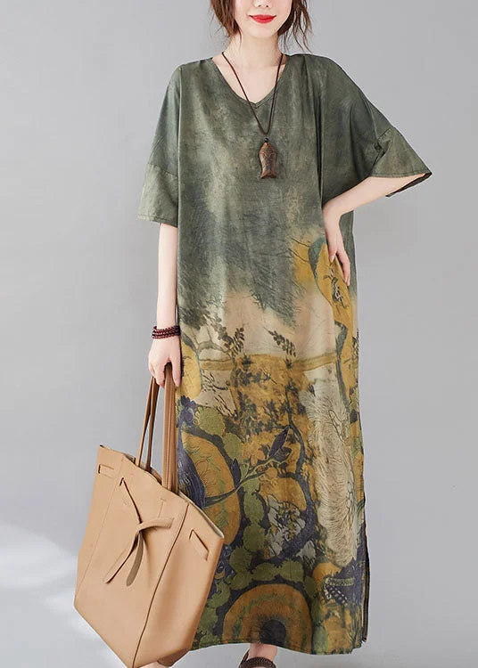 women's eco-friendly dressesStylish Peacock Green V Neck Side Open Print Maxi Dresses Short Sleeve