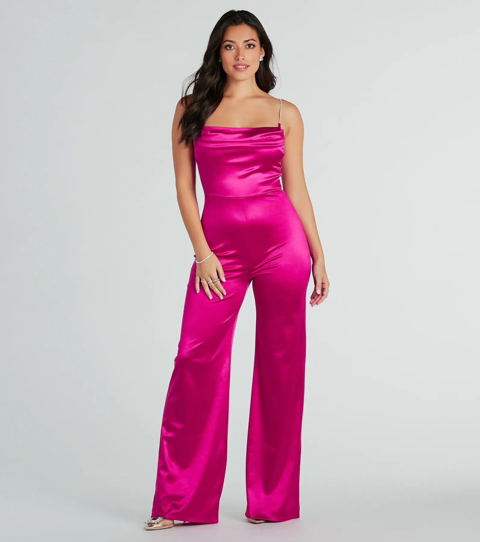 women's jumpsuits for lightweight designsMake It Count Satin Rhinestone Strap Jumpsuit