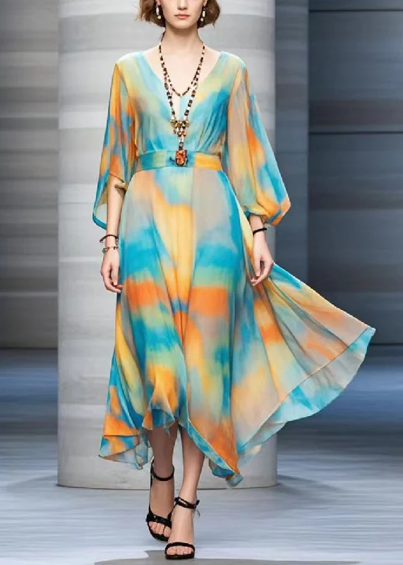 women's stretch dressesBohemian Cinched Tie Dye Chiffon Maxi Dresses Fall