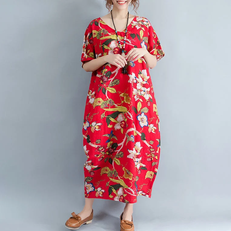 women's neon dressesNew red linen dress oversized floral cotton maxi dress Elegant short sleeve gown