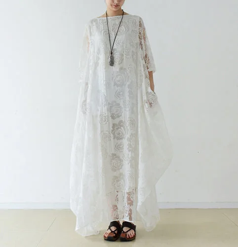 women's silk dressesWhite roses chiffon maxi dresses long tulle caftans oversize gown