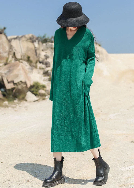 women's long-sleeved dressesWomen Green V Neck Patchwork Knit Maxi Dress Spring