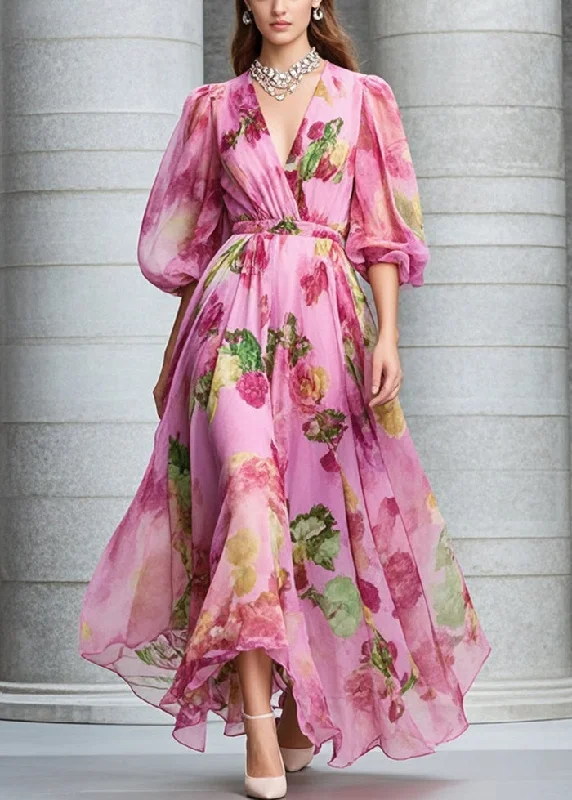 women's breathable dressesBoutique Rose Print Exra Large Hem Chiffon Maxi Dresses Fall