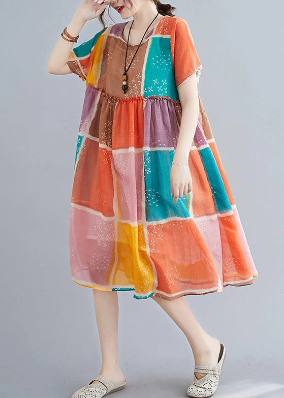 women's wedding guest dressesOrganic Colorblock Block Print Ruffled Linen Maxi Dress Short Sleeve