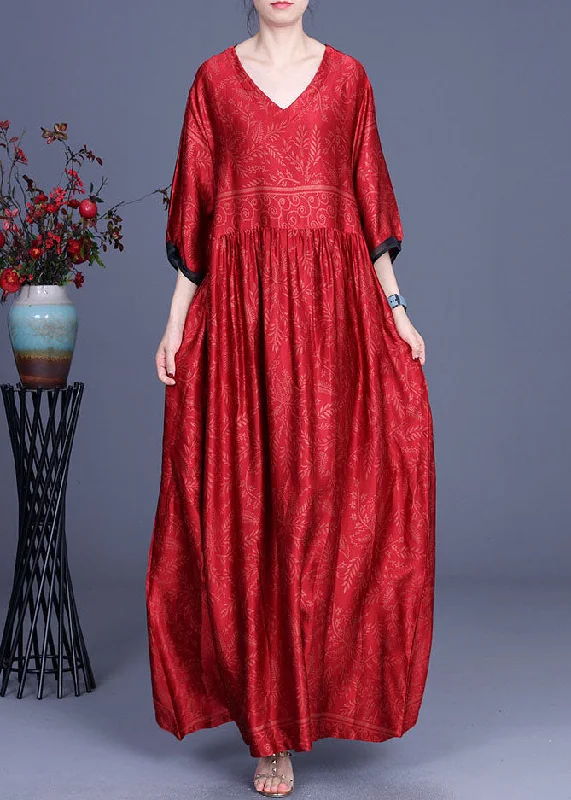 women's glam dressesRed Silk Maxi Dress Cinched Half Sleeve