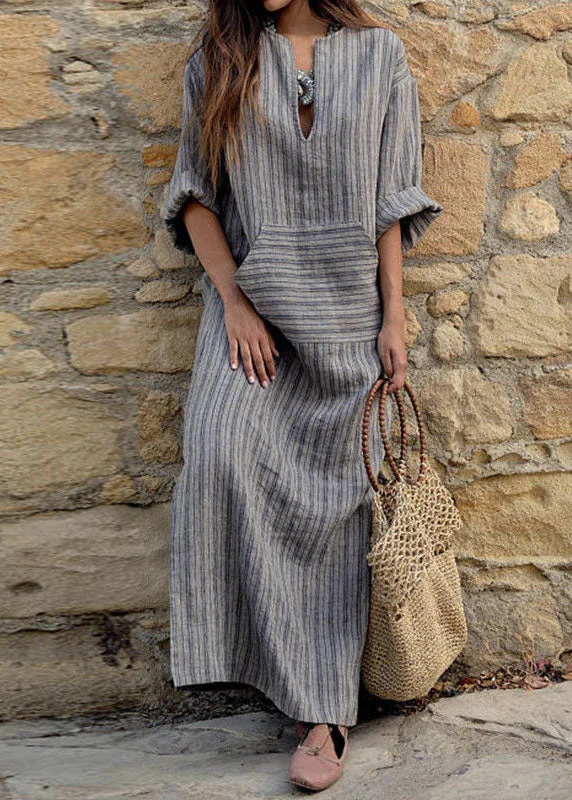 women's everyday dressesWomen Striped V Neck Long Sleeve Casual Loose Maxi Dress