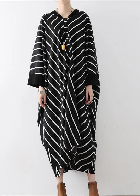 women's casual Friday dresses2024 fall black strip caftans V neck oversized cotton maxi dresses traveling gown