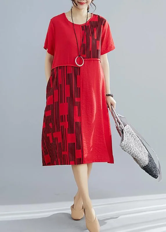 women's striped dressesChic red patchwork cotton quilting dresses plus size pattern o neck Maxi summer Dress