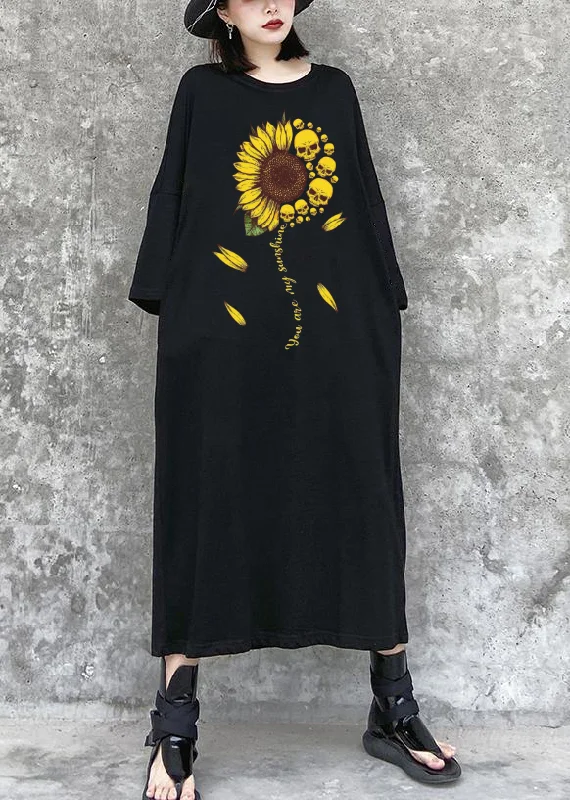 women's short-sleeved dresses2024 Love Sunflower Black Maxi Dress Street Style Outfits