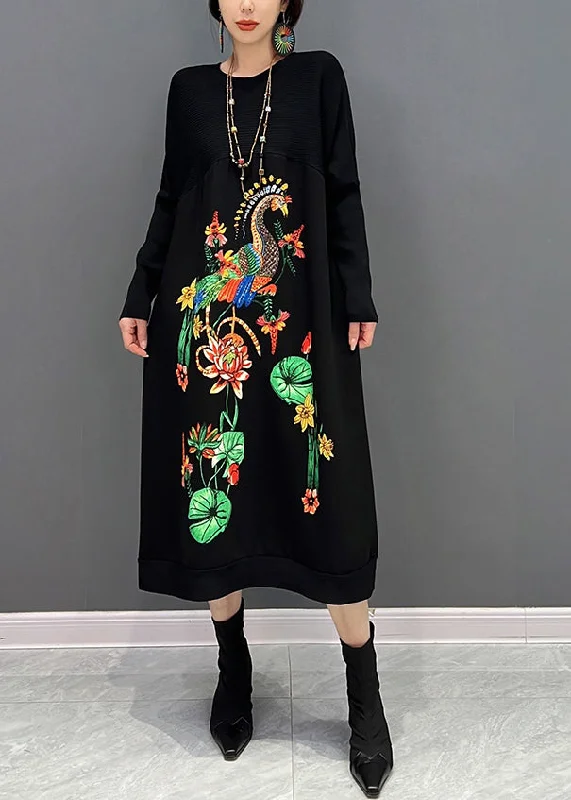 women's curve-hugging dressesElegant Black O-Neck Embroideried Knit Maxi Dress Fall