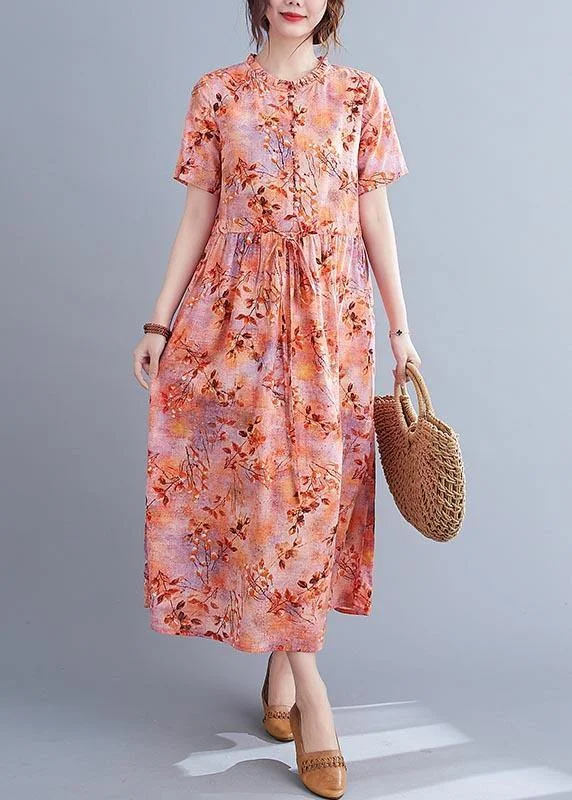 women's retro dressesOrganic Print Tie Waist Chiffon Ruffled Summer Maxi Dress