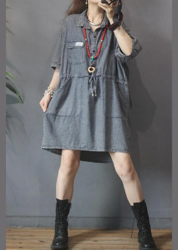 women's evening dressesElegant Denim tie waist Turn-down Collar Maxi Summer Cotton Dress