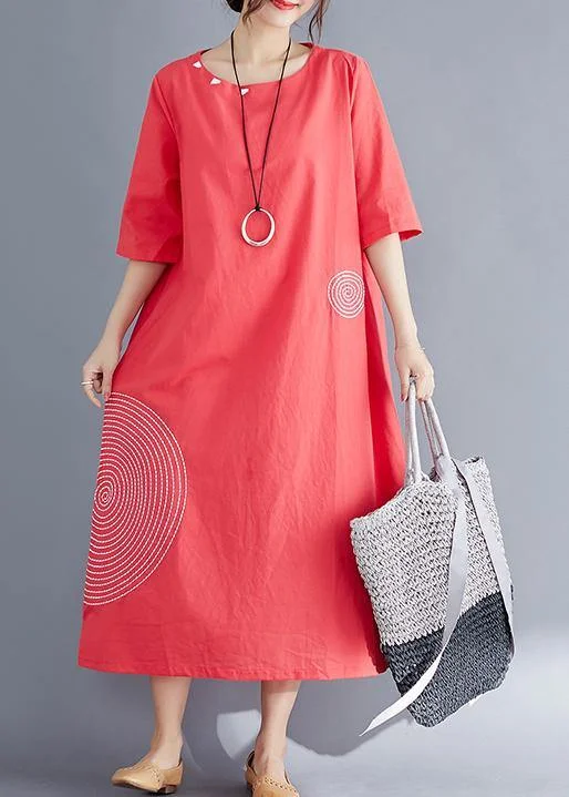 women's wedding guest dressesModern o neck embroidery cotton tunic top Vintage Work Outfits red Maxi Dresses Summer