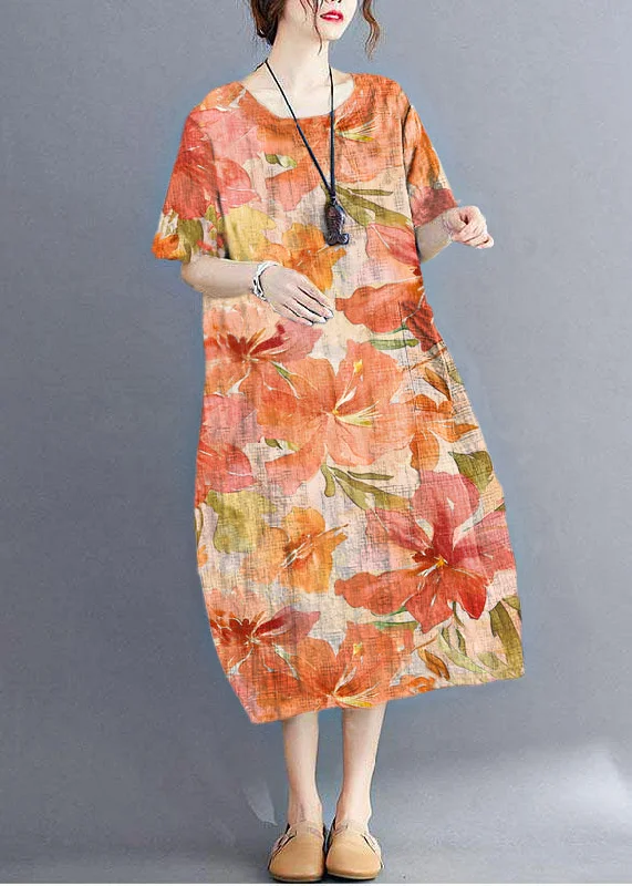 women's maxi dressesStylish Orange flower O Neck Plaid Maxi Dresses Cotton Linen Summer