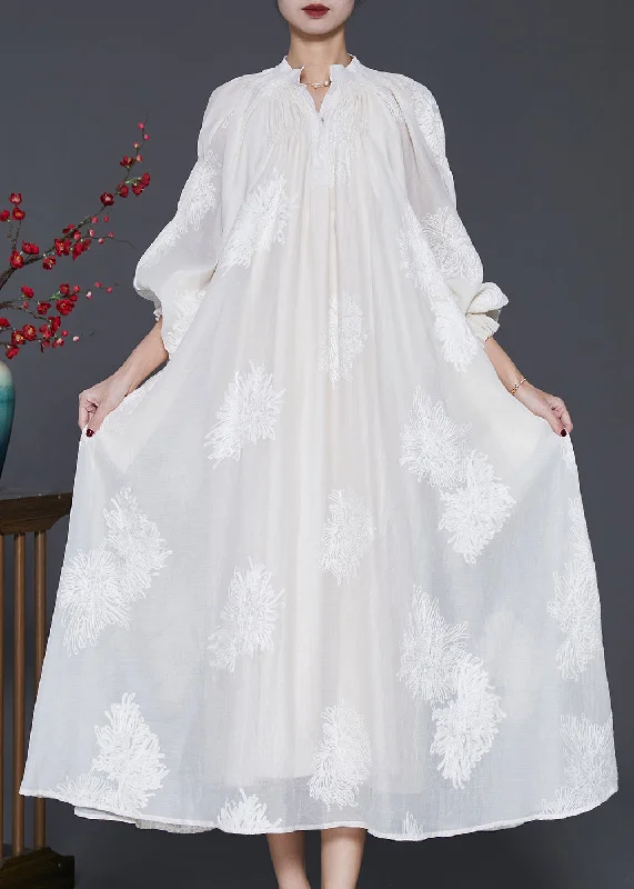 women's checkered dressesBeautiful Off White Embroidered Silk Maxi Dress Lantern Sleeve