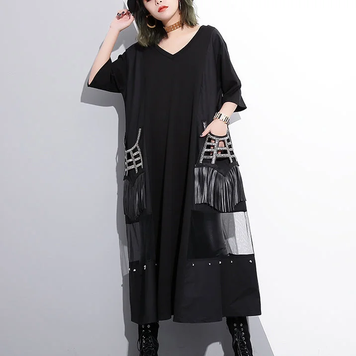 women's maxi dressesFine black cotton maxi dress oversize v neck traveling dress Fine tassel pockets cotton caftans