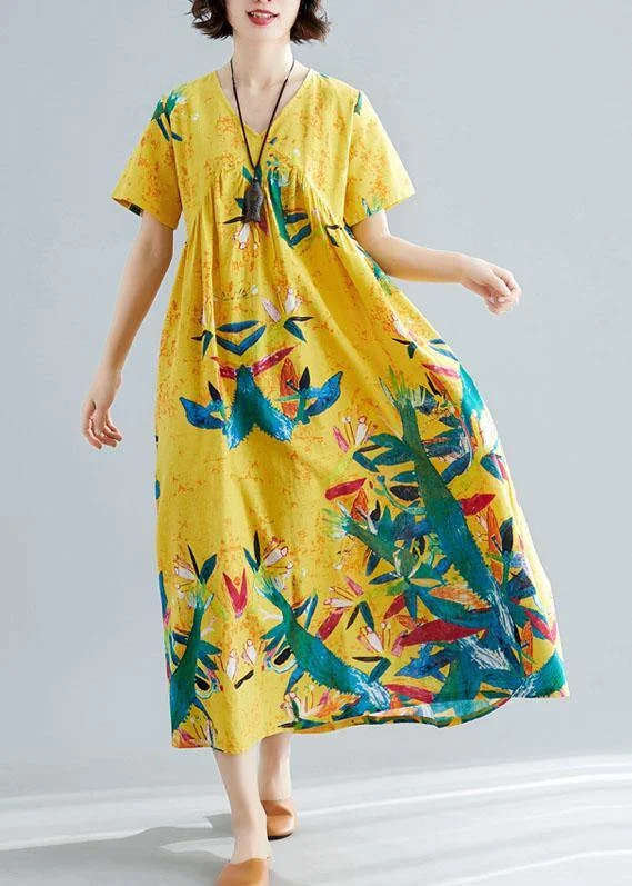 women's versatile dressesHandmade yellow prints cotton clothes For Women v neck Maxi summer big hem Dresses