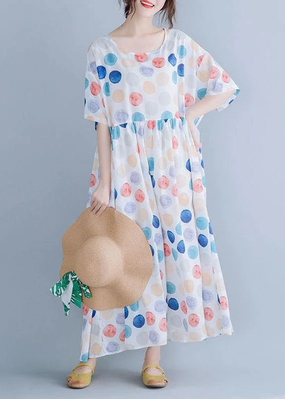 women's trendy dressesClassy white dotted cotton clothes Women o neck Cinched Maxi summer Dress