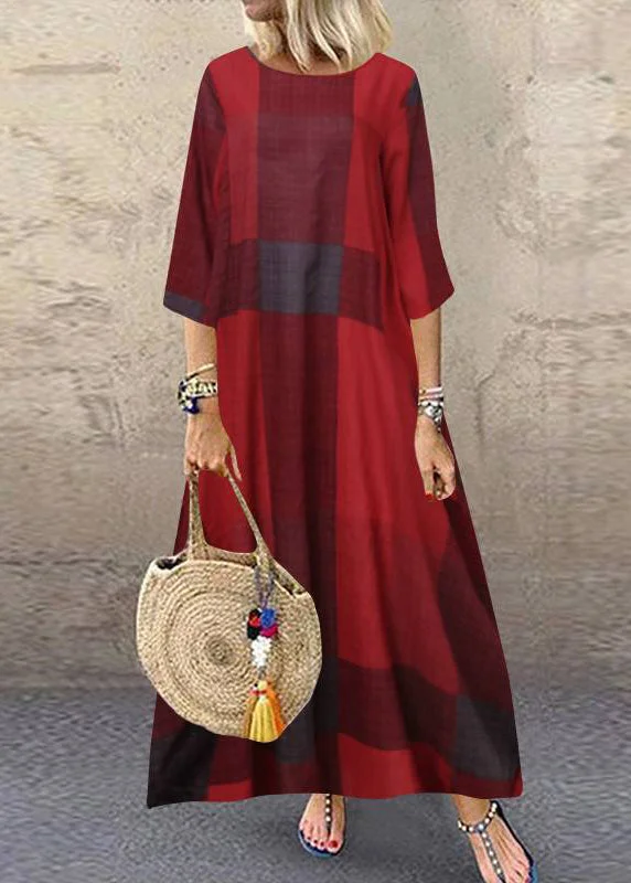 women's long-sleeved dressesWomen Plaid Short Sleeve Crew Neck Side Pocket Baggy Vintage Long Maxi Dress Wine Red